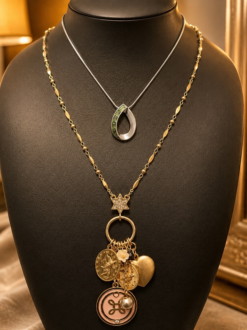 Lia Sophia Green Ombré Teardrop Necklace CABI Gold Coin Charm Lariat Set of 2